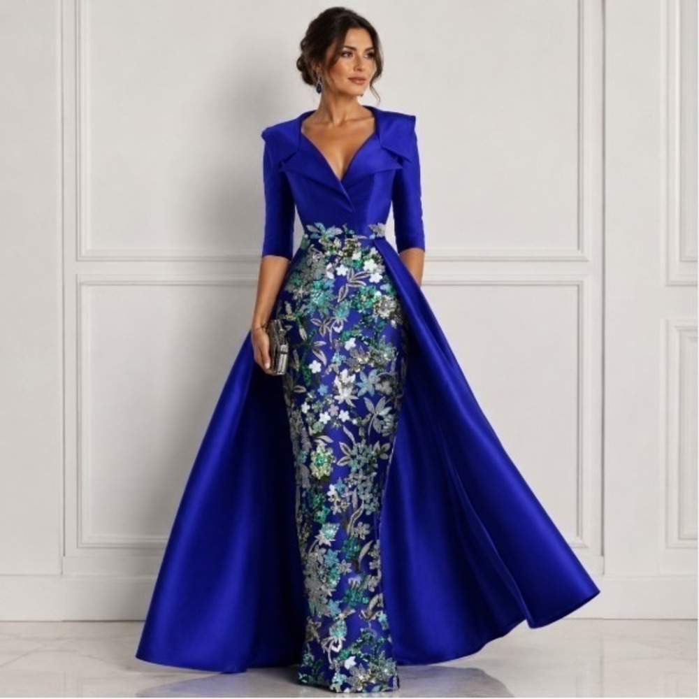 Glamora Royal Blue Satin Sheath Embroidered Sequin Gown Portrait Collar Train 8